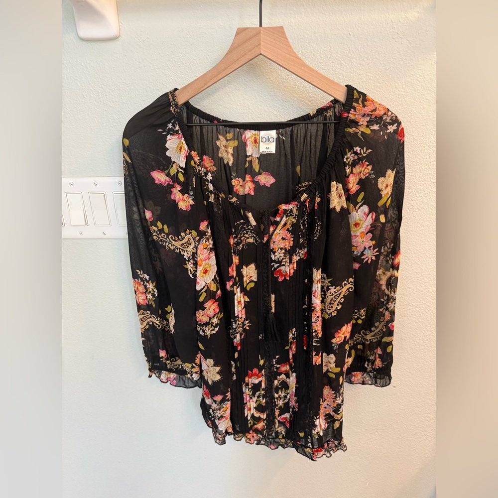 bila Women's Boho Black And Multicolor Floral Print 3/4 Sl Semi Sheer Blouse